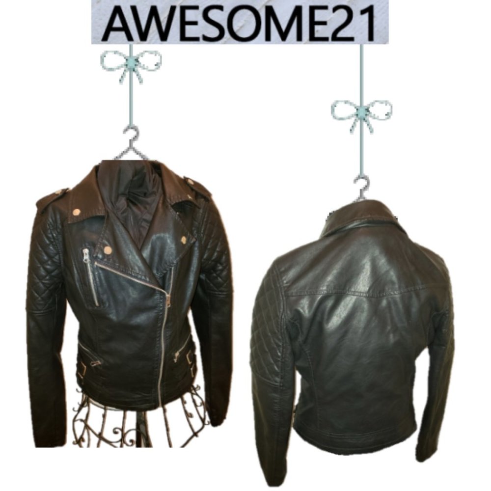 Women Zipper Motorcycle Biker Faux Leather Jacket